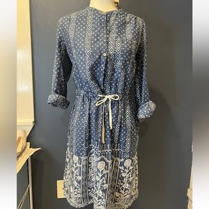 Anthropologie Meadow Rue Blue White Button Block Print Casual Dress size 10